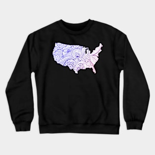 Colorful mandala art map of the United States of America in blue and violet on white background Crewneck Sweatshirt